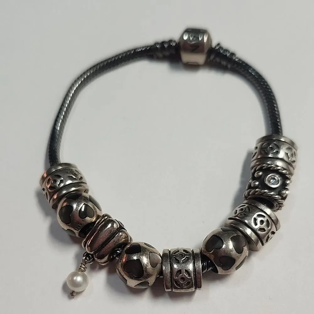 Pandora Sterling Silver Bead Charm Bracelet with Pearl Drop 9 Charms 925 ALE